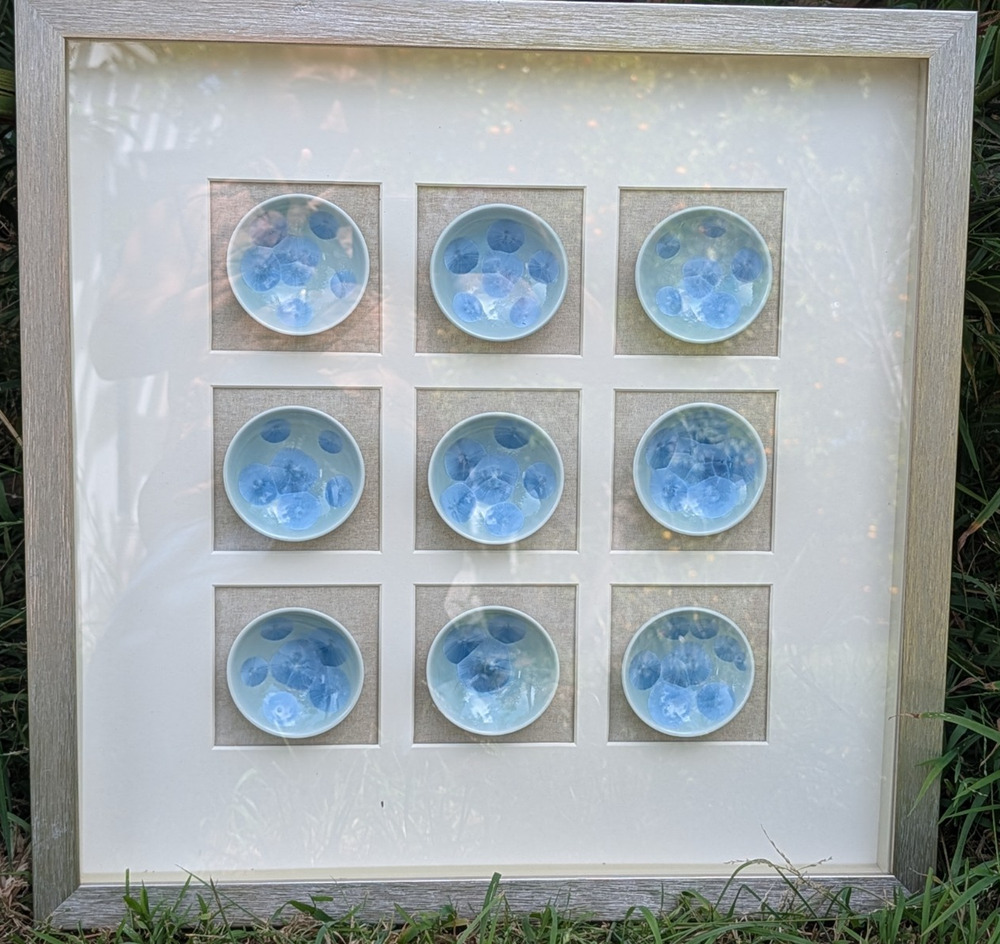 Framed Set of 9 Kiyomizu-yaki Kyoto Japanese Porcelain Dishes Blue Crystal Glaze